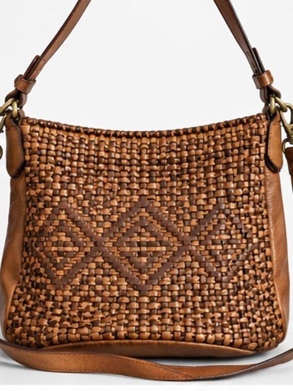 Woven Genuine Leather Shoulder Crossbody Bag Brown Made in India Brass Hardware